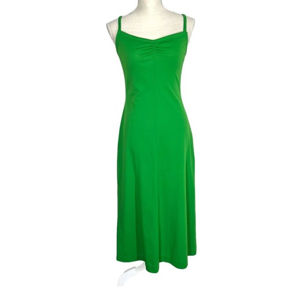 Vintage 70s Green Spaghetti Strap Fit Flare Full Length Dress Medium